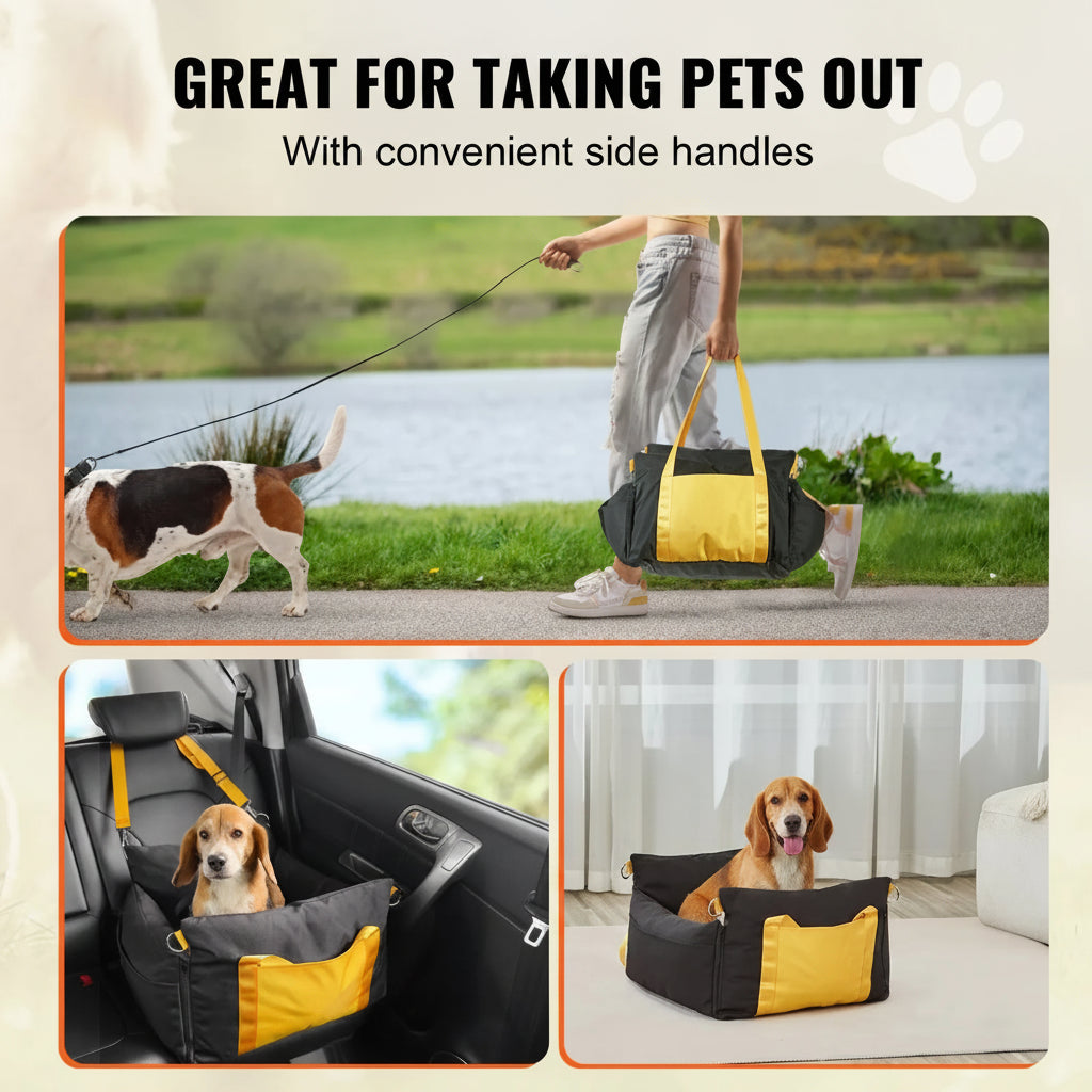 Pet carrier with side handles for convenience, used outdoors and in a car.