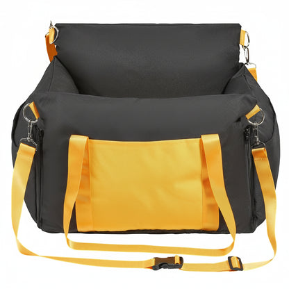 Black and yellow bag logo on a white background