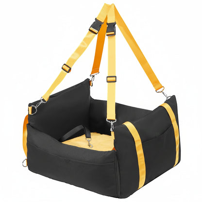 Black and yellow pet carrier with straps on a white background