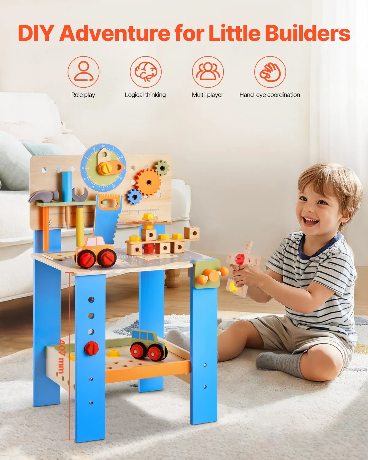 Child playing with wooden kids workbench and 62 piece tool set
