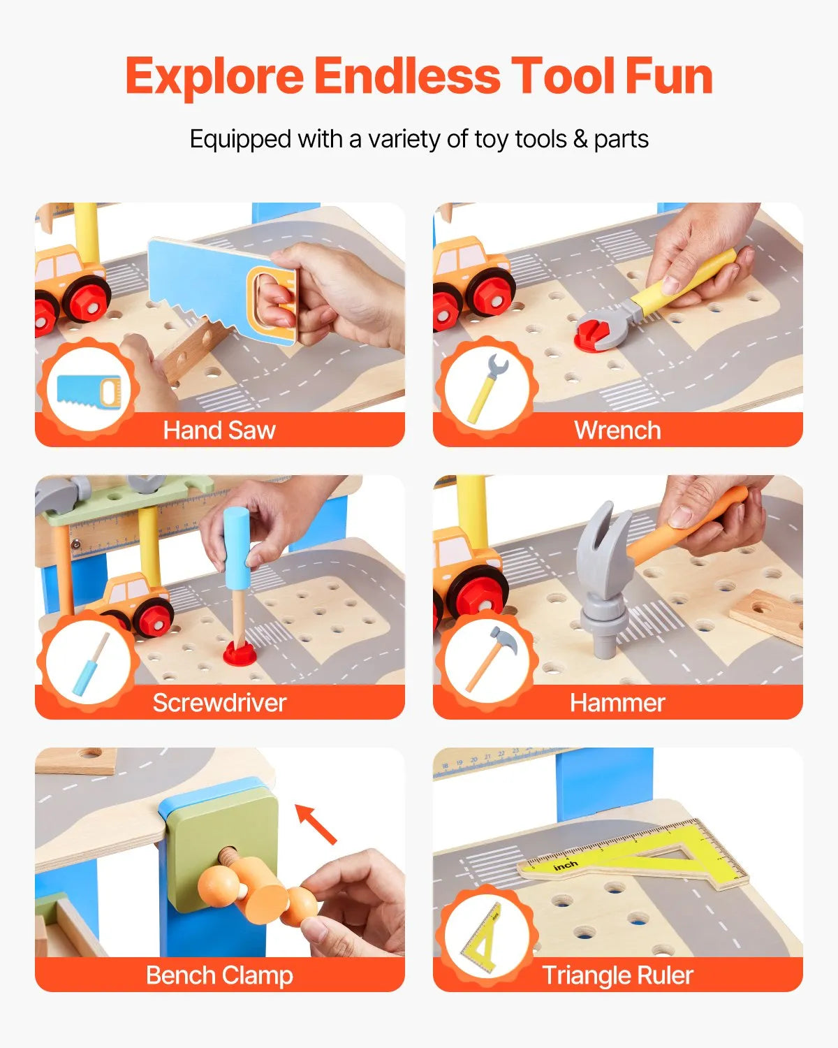 Full 62 piece wooden kids workbench tool set