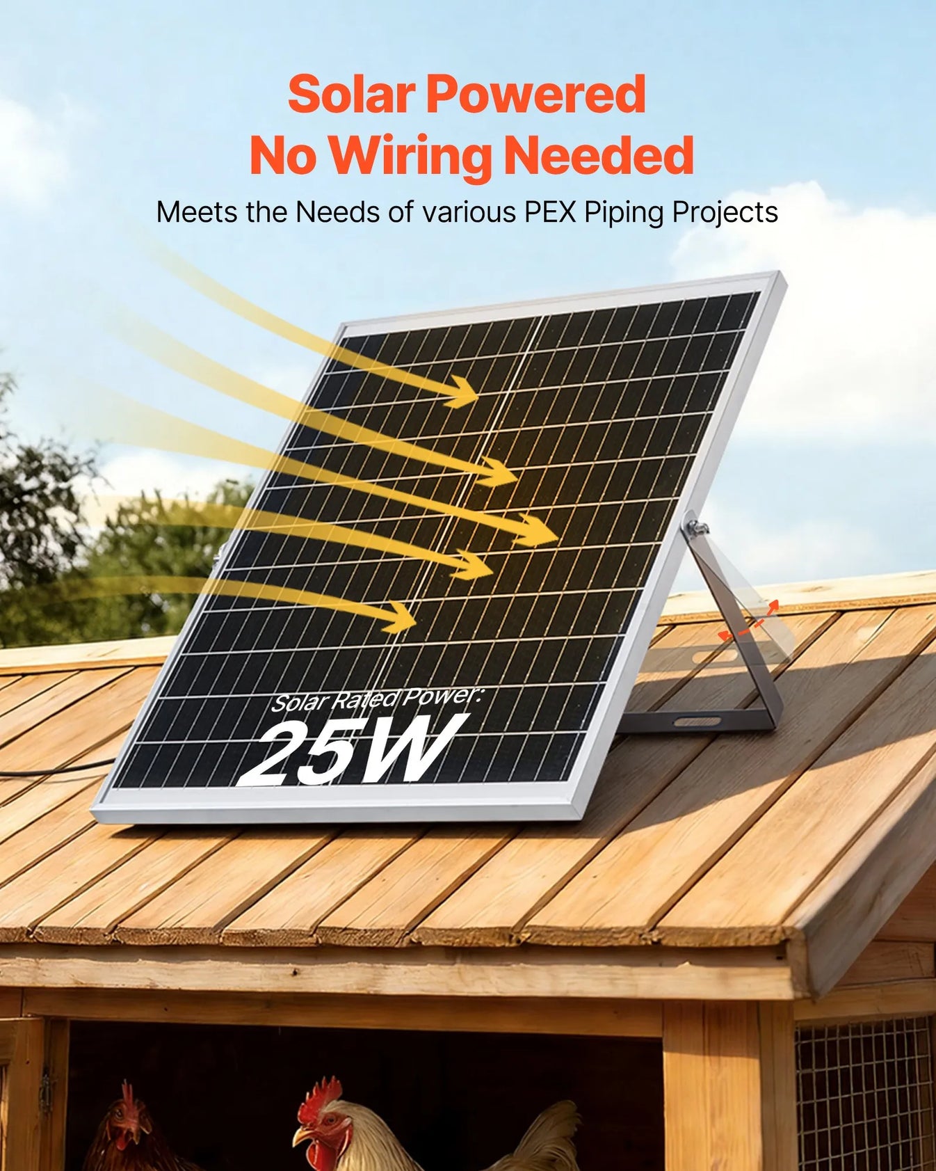 Angled 25W panel mounted on a wooden coop roof above nesting hens