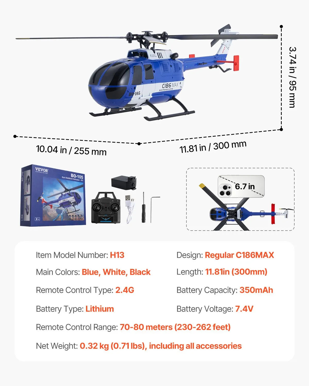 RC Helicopter for Beginners – 2.4GHz Gyro Stabilized Altitude Hold – dimensions and specifications