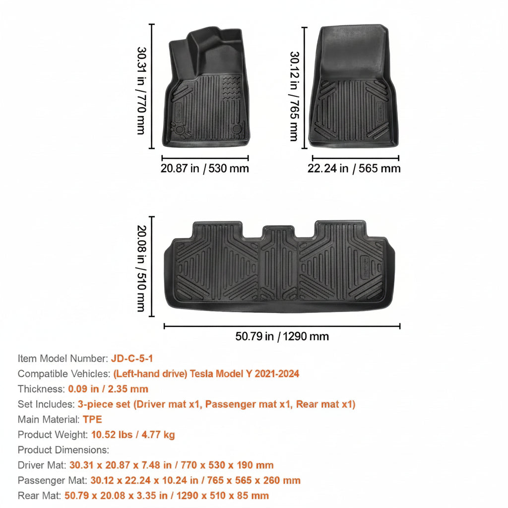 Dimensions of three-piece Tesla Model Y floor mat set