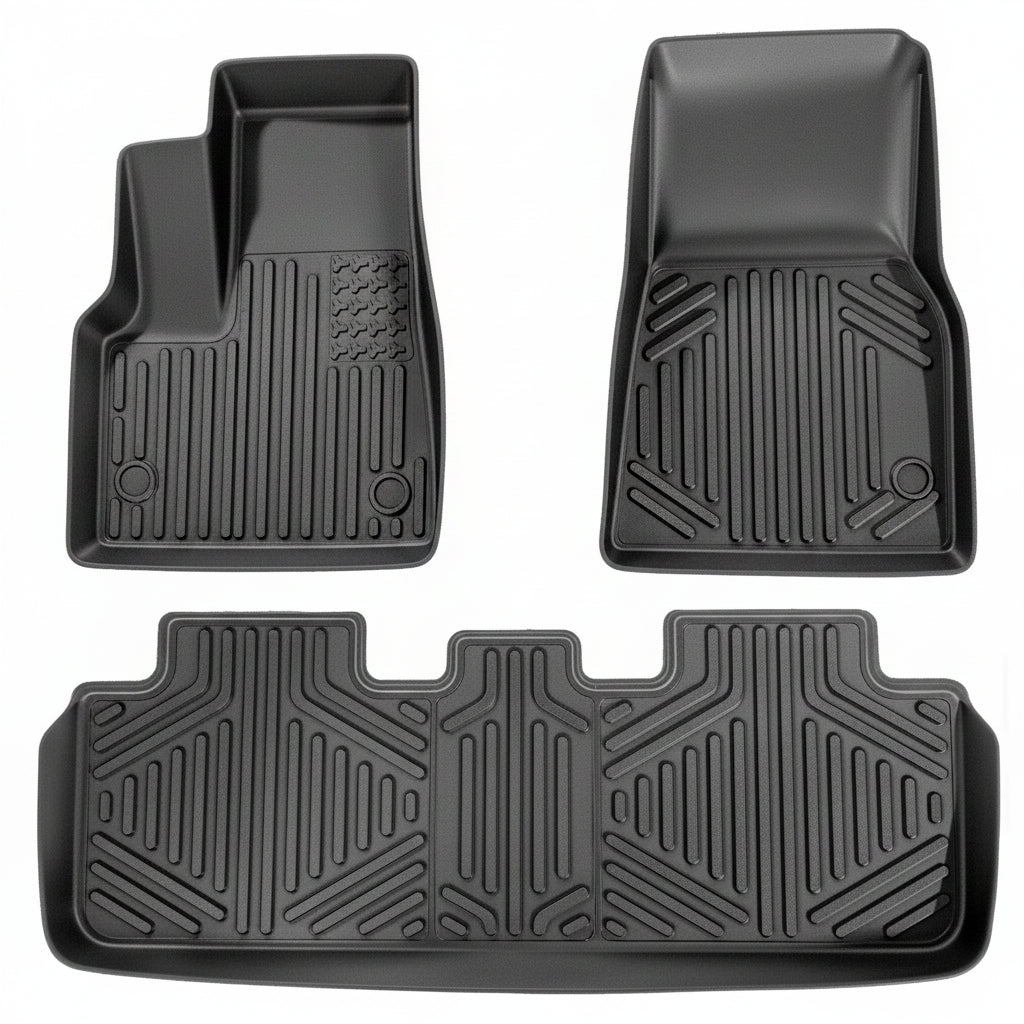 Black three-piece all-weather floor liners for Tesla Model Y 2021-2024