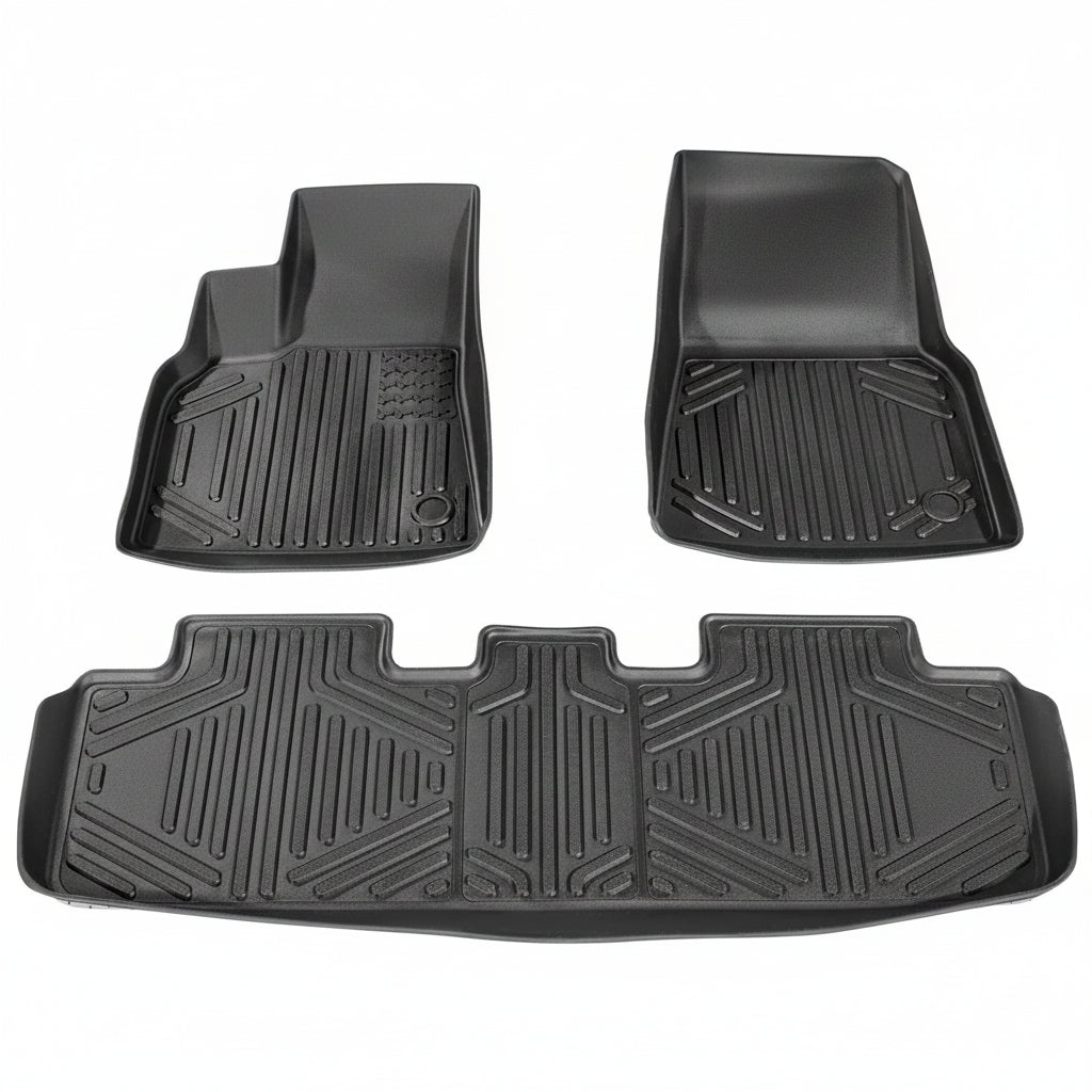 Three-piece black TPE floor mat set with two front mats and one-piece rear liner