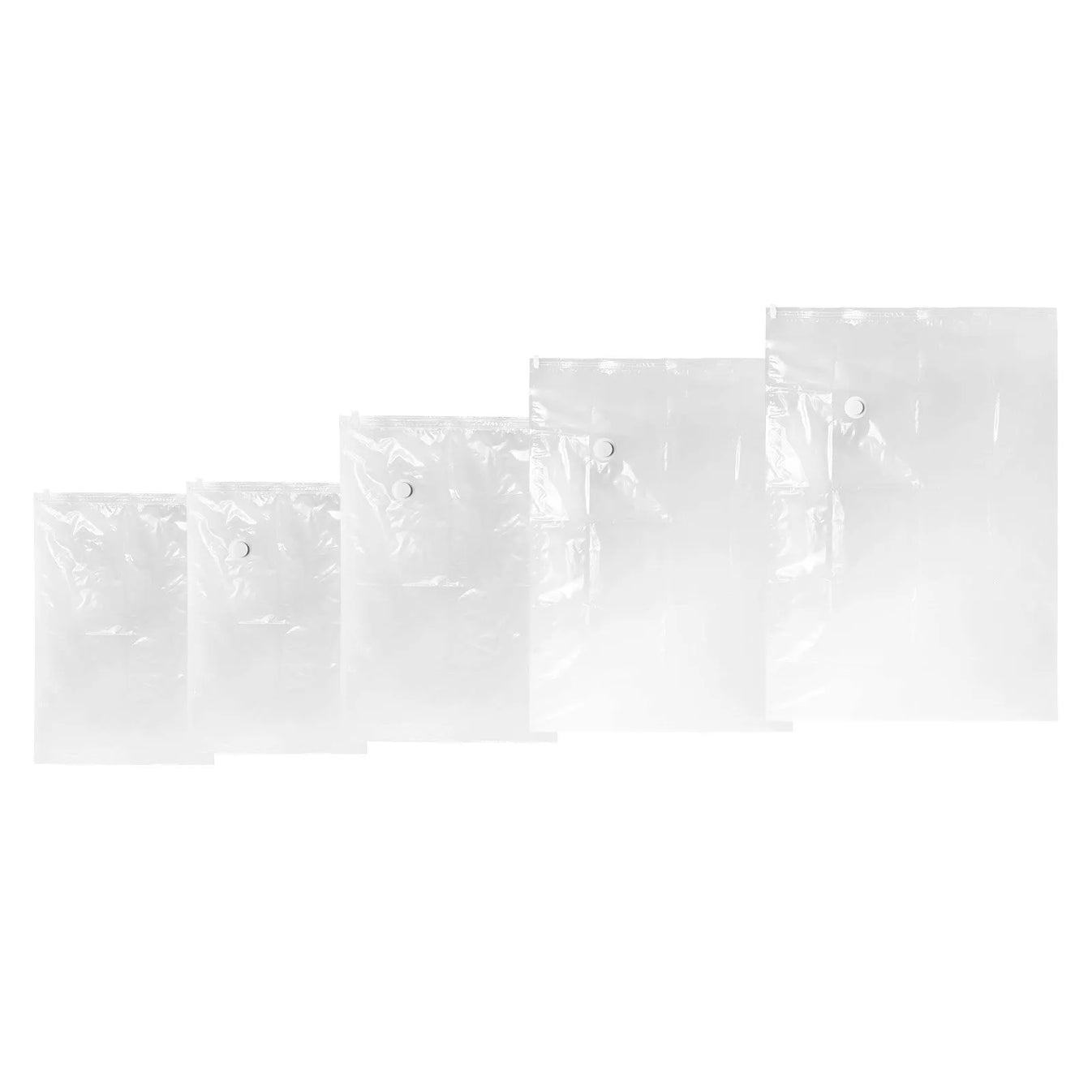 Five empty bags fanned in ascending size order against white