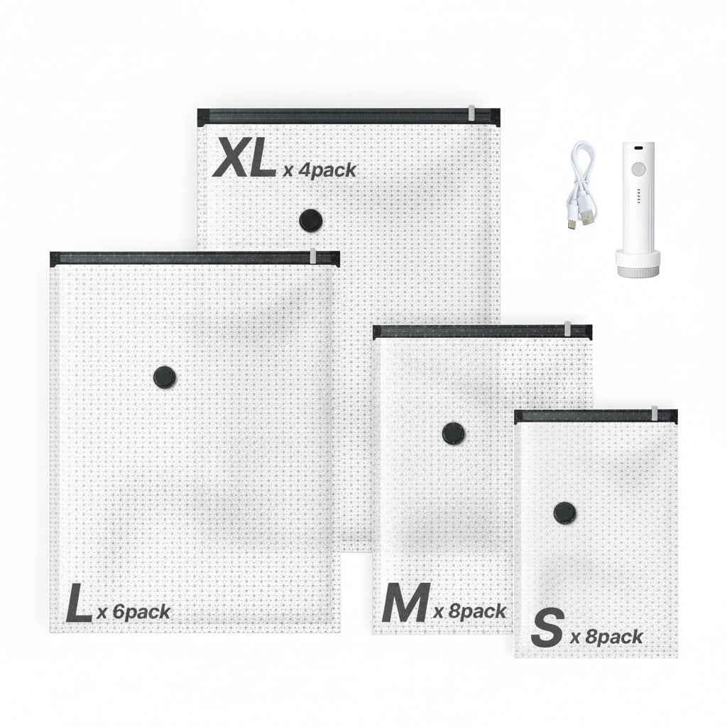 26-pack vacuum storage bags in four sizes with electric pump